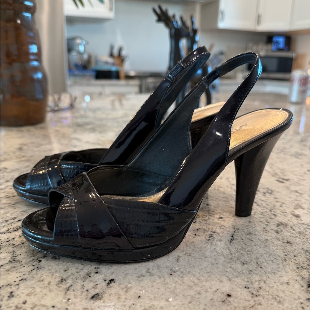 ANTONIO MELANI Patent Black Peep-Toe Heels